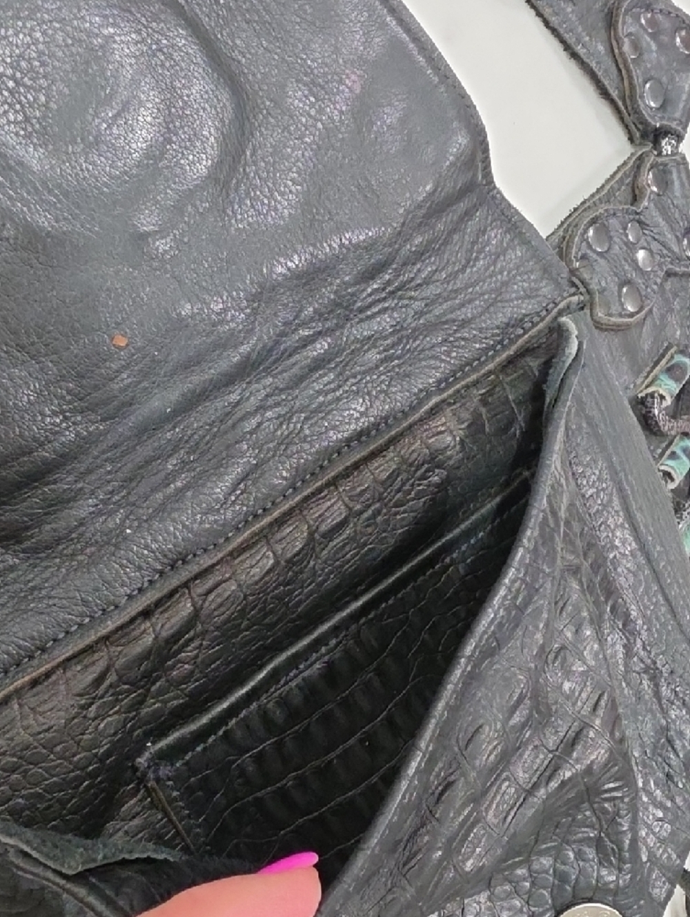 Black Fringe Leather Hip Belt with Decorative Rings - Picture 4 of 7